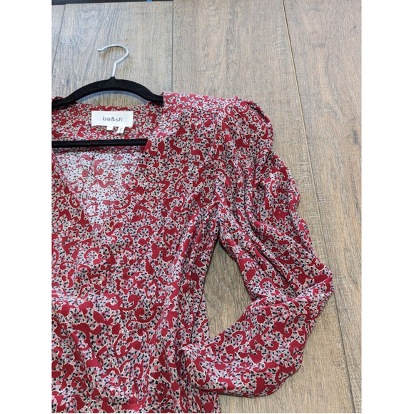 BA@SH Dress Womens Medium Red Floral Print 3/4 Rouched Sleeve V Neck Sheath - Picture 3 of 11